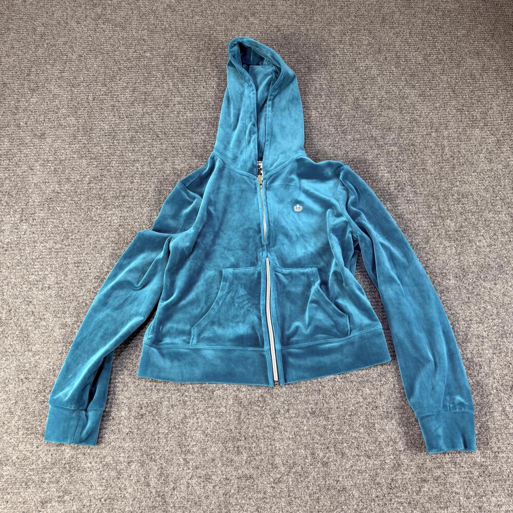 Juicy Couture Hoodie Womens Medium Teal Velour Zip Crown Logo Rhinestone Back